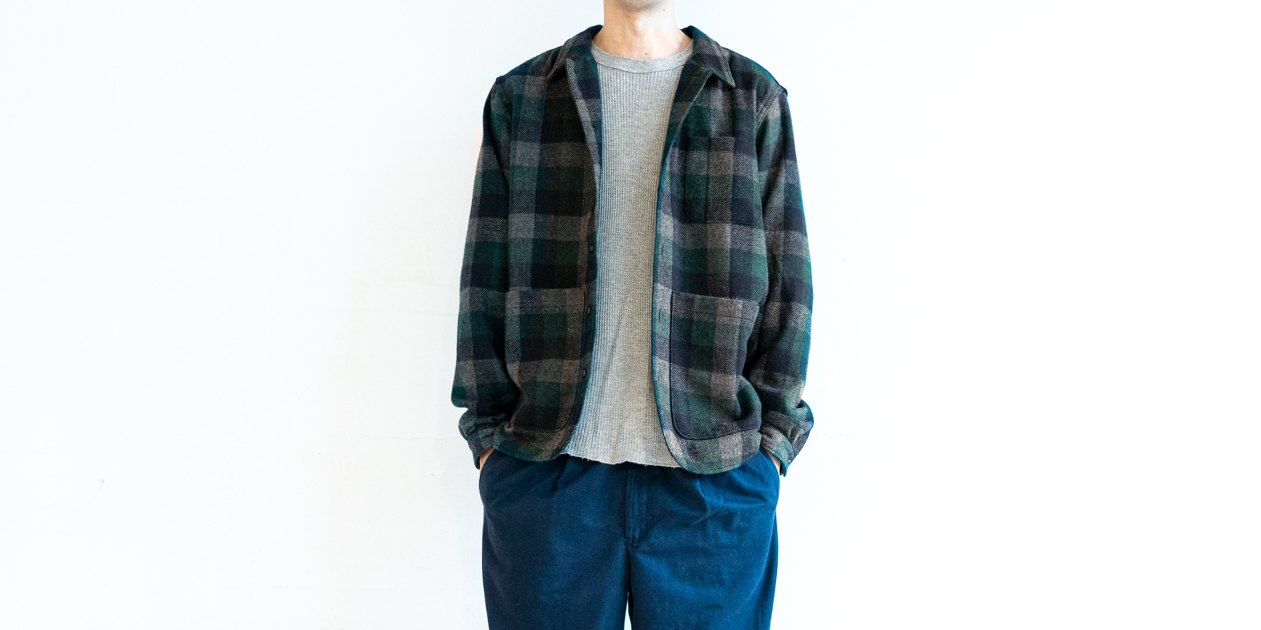 【sold out】d WEAR バックポケットシャツ・チェックグリーン・L