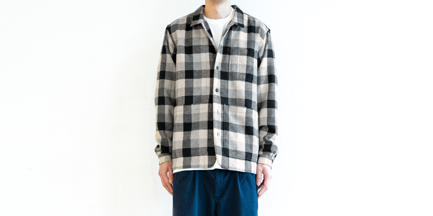 【sold out】d WEAR バックポケットシャツ・チェックアイボリー・L