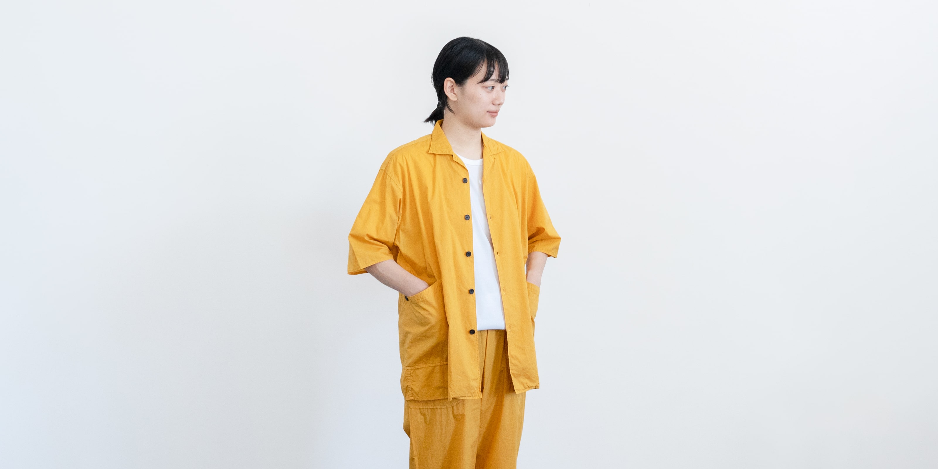 d WEAR サイドポケットシャツ・塩縮加工 マスタード・M